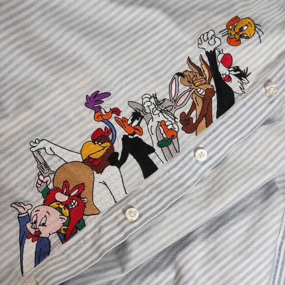 Looney Tunes Shirt Women's Large VTG 8 Embroidered Characters Denim White Stripe - Picture 2 of 8